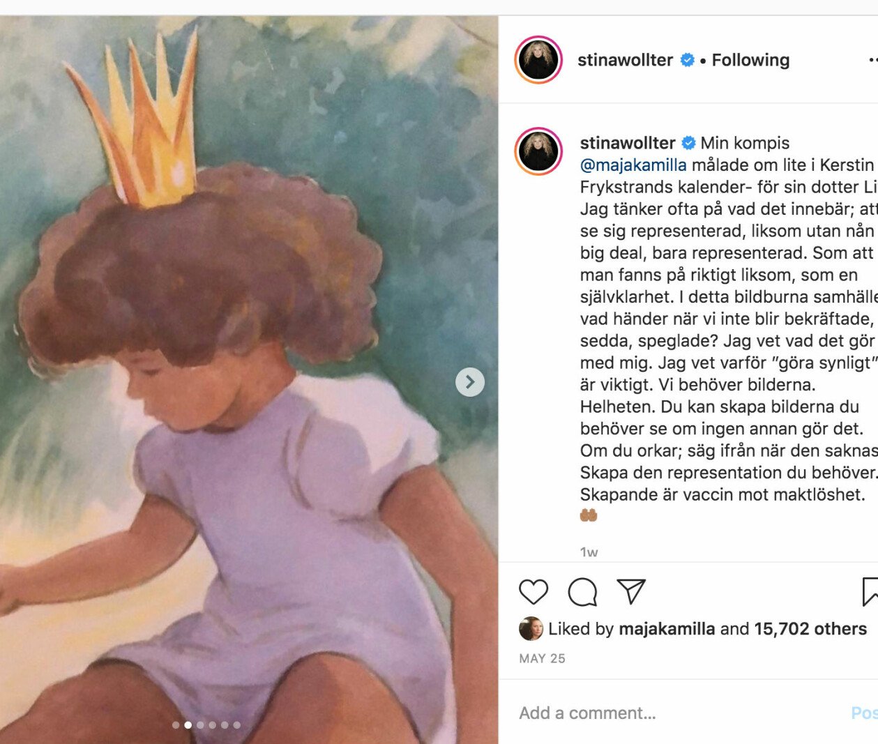 Det var Maj-flickan med krona som Maja först provade att måla om. Skärmdump från Stina Wollters instagram. Majflickan har brunt hår och hy. Brevid står Stinas hyllande text.
