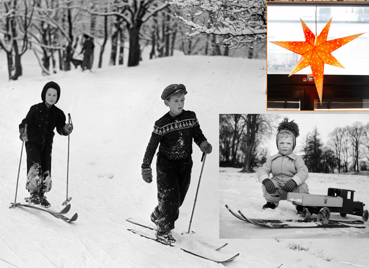 Skidor var en uppskattad julklapp under snöiga vintrar på 40-talet. Kronprinsen fick både skidor och bil julen 1949. Orangea proletärstjärnan lyste upp många hem. Foton i collaget: TT. Skidor på allas fötter, även kronprinsens.