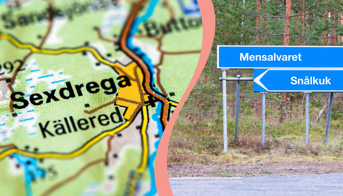 TiIl vänster orten Sexdrega som tävlade år 2015 som Sveriges roligaste ortsnamn, till höger ett fotomontage.