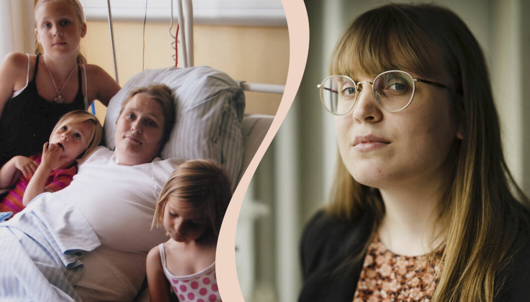 Delad bild: en kvinna i en sjukhussäng omgiven av sina tre små döttrar, samt närbild på en ung kvinna.