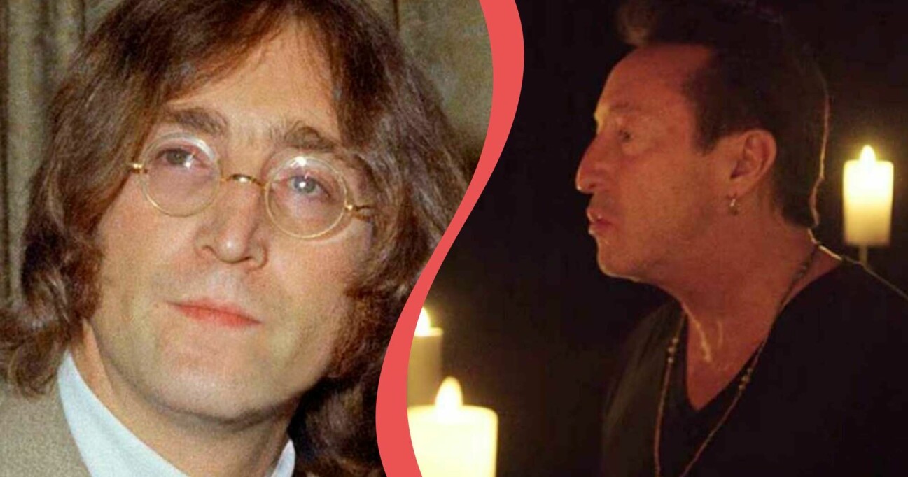 Till vänster: John Lennon. Till höger: John Lennons son som tolkar Imagine till förmån för krigets offer i Ukraina.