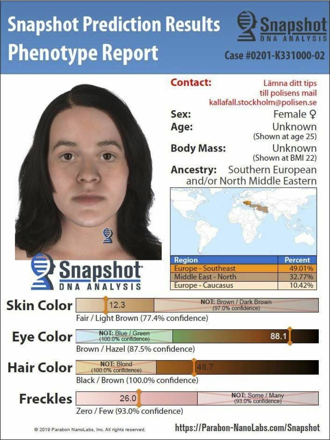 En fantombild har skapats för att visa hur kvinnan, vars dna fanns på brottsplatsen, skulle kunna ha sett ut som 25-åring. Men den bygger på sannolikheter och antaganden och ska inte uppfattas som ett fotografi av en misstänkt gärningsperson. En fantombild har skapats för att visa hur kvinnan, vars dna fanns på brottsplatsen, skulle kunna ha sett ut som 25-åring.