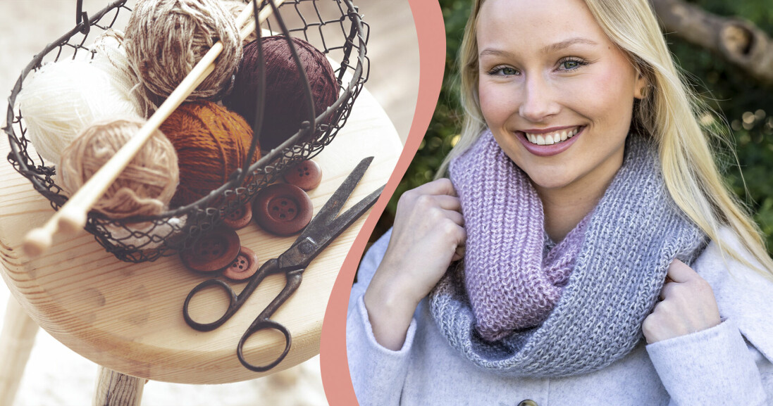 Till vänster: en korg med garn, stickor, knappar och sax. Till höger: tjej med stickad lila halsduk.