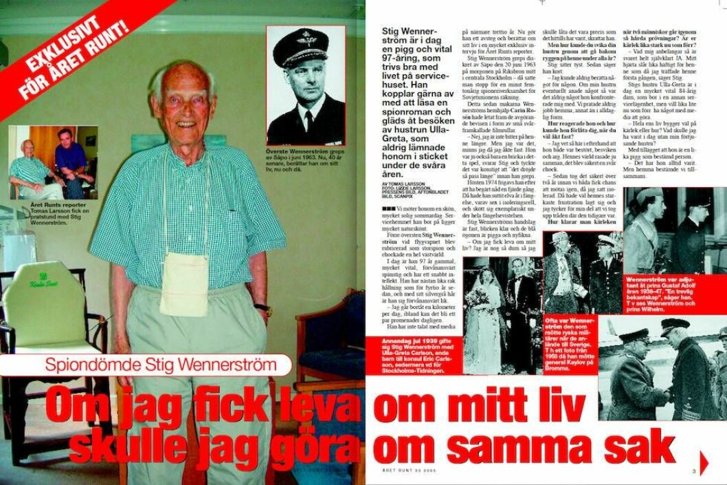 I en exklusiv intervju i Året Runt berättade den då 97-årige Stig Wennerström om livet som spion. Foto: Faksimil/Året Runt