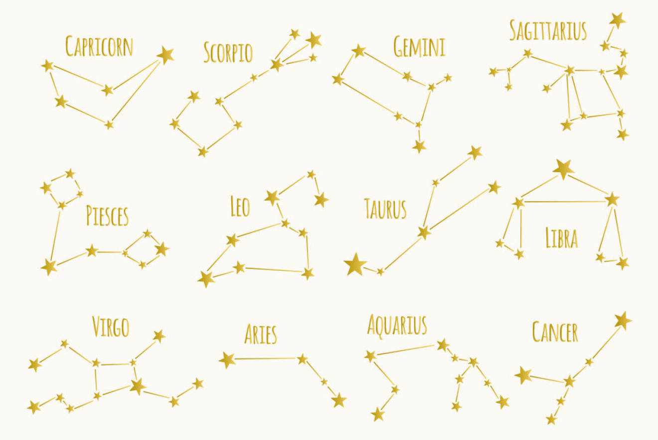 De olika stjärtecknens konstellationer är uppritade i guld. Oxens består av sex stjärnor.