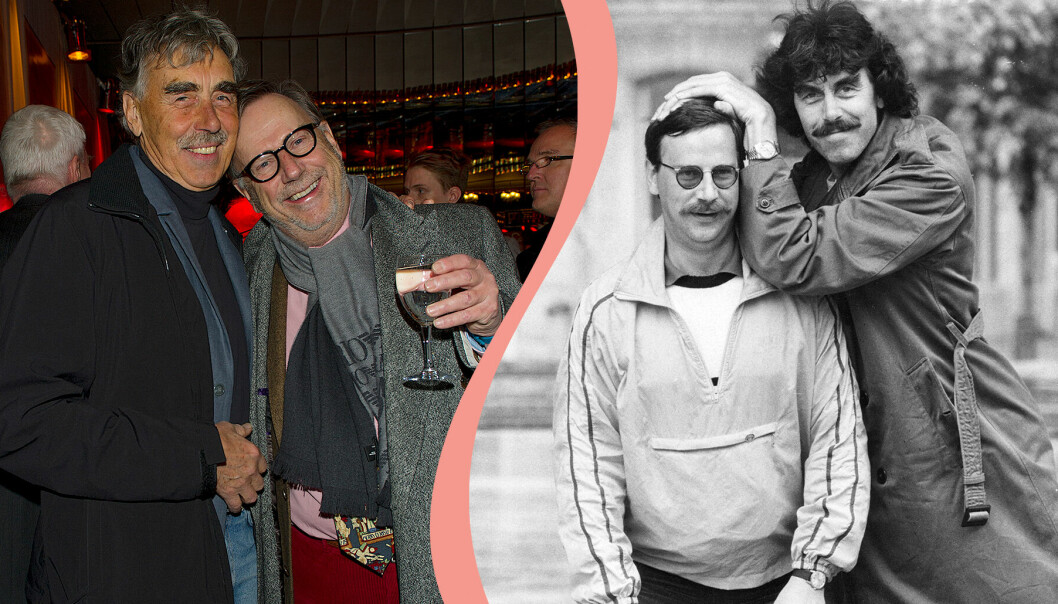 Till vänster, Lasse Åberg och Sven Melander vid galapremiären av "The Stig-Helmer Story", till höger, en bild på vännerna år 1983.