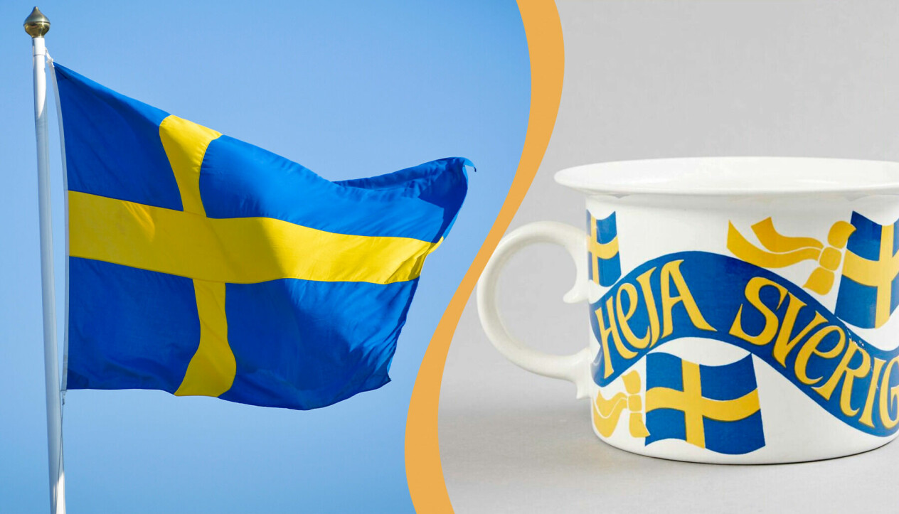 Svensk flagga vajar i vinden och den klassiska Sverige-pottan av Margareta Hennix som jobbade på Gustavsberg.