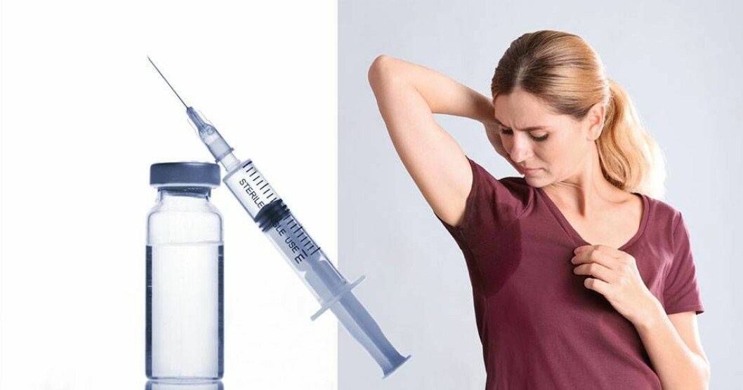 Botox mot svettningar kostar från 2000 kr per gång. Behandling av armhålor subventioneras av landstinget. Foto: Shutterstock/TT Svettig kvinna samt en spruta med botox.