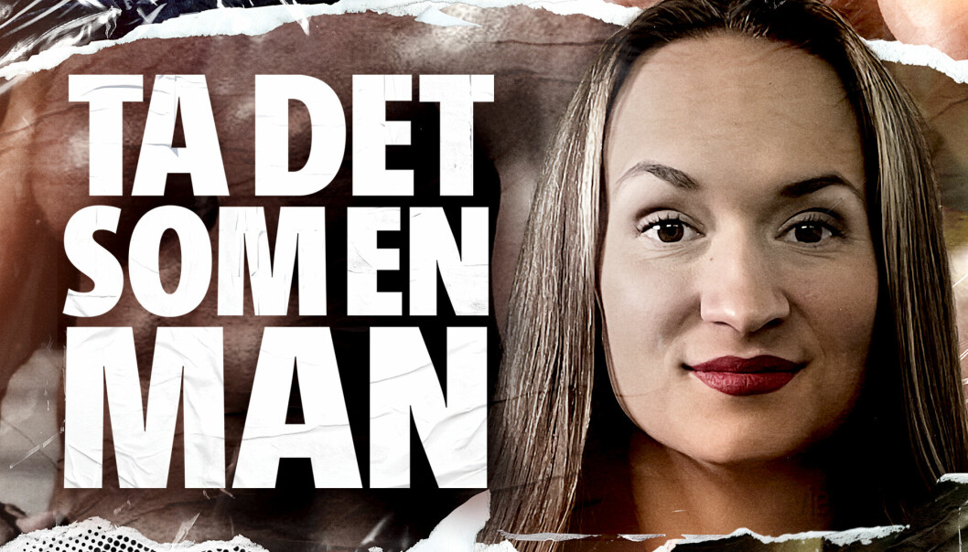 Pressbild för Bianca Kronlöfs tv-serie Ta det som en man, där titeln står med stora vita bokstäver till vänster och Biancas porträtt syns till höger.
