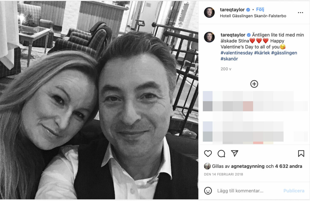 I februari 2018 postade Tareq Taylor en bild med hustrun Kristina på Instagram och önskade följarna glad alla hjärtans-dag. skärmdump från tareq taylors instagram