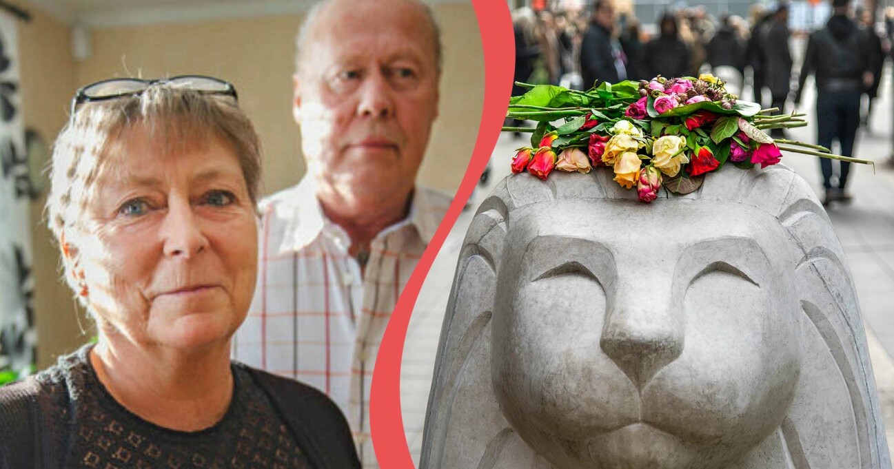 Till vänster: Marita Björkman och sambon Raimo Munder. Till höger: Ett stenlejon med blommor på efter terrordådet i Stockholm år 2017.