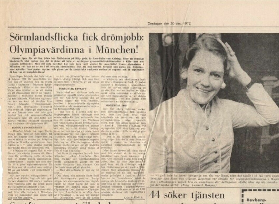 Tidningsklipp om Anna-Sophia von Celsing. Rubriken lyder: "Sörmlandsflicka fick drömjobb: Olympiavärdinna i München"