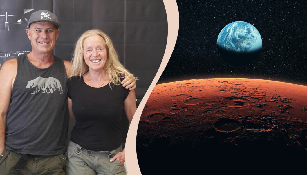 Delad bild, Tom och Tina Sjögren och bild på planeten Mars och jorden.