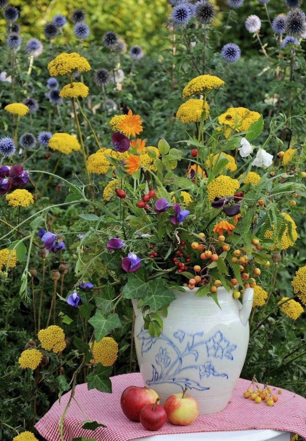 Sensommarbukett med luktärter, praktröllika, ringblomma, rudbeckia, ormbunke, murgröna och kvistar med nypon och grenar från en prydnadsapel. Foto: Ellen Forsström Sensommarbukett med luktärter, praktröllika, ringblomma, rudbeckia, ormbunke, murgröna och kvistar med nypon och grenar från en prydnadsapel.