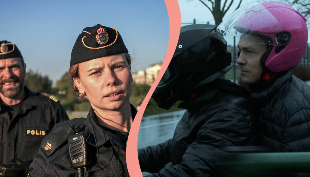Delad bild. Till vänster syns Amanda Jansson och Per Lasson i en scen av Tunna blå linjen. Till höger syns Oscar Töringe och Alan Beqiri i en scen i samma serie.