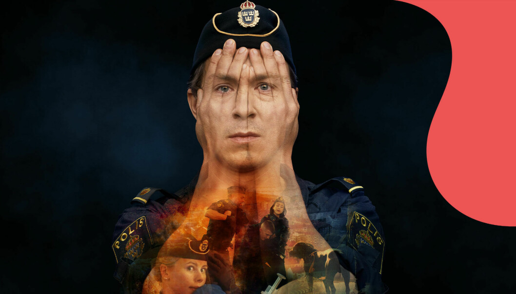 Bild från tv-serien Tunna blå linjen. Vi ser Oscar Töringes ansikte ihopklippt med ett par händer och scener ur tv-serien.