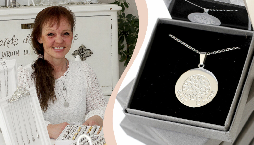 Veronica Börjesson skapar smycken för att sedan skänka delar av vinsten till välgörenhet. Smycket Beat Corona har bidragit till tårtor och choklad till personal inom covidvården.
