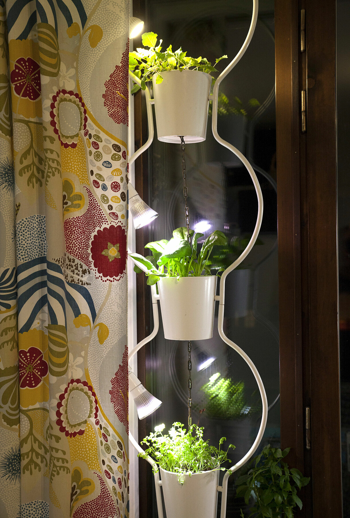 Vertikal hydroponisk odling där vattnet leds via en kedja mellan krukorna. Belysningen är A och O, en armatur till varje kruka. Vertikal hydroponisk odling där vattnet leds via en kedja mellan krukorna.