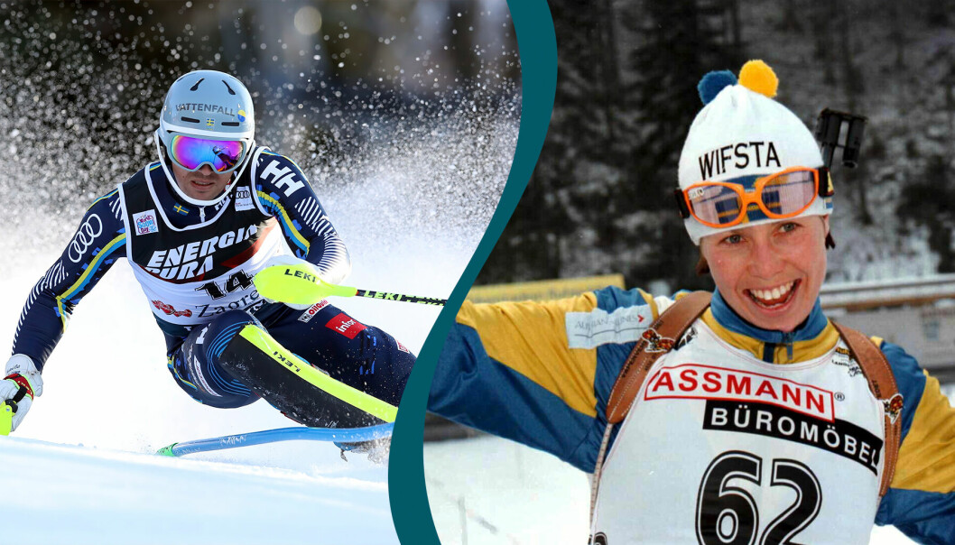 André Myhrer åker slalom. Magdalena Wallin tog brons i skidskytte 1996.