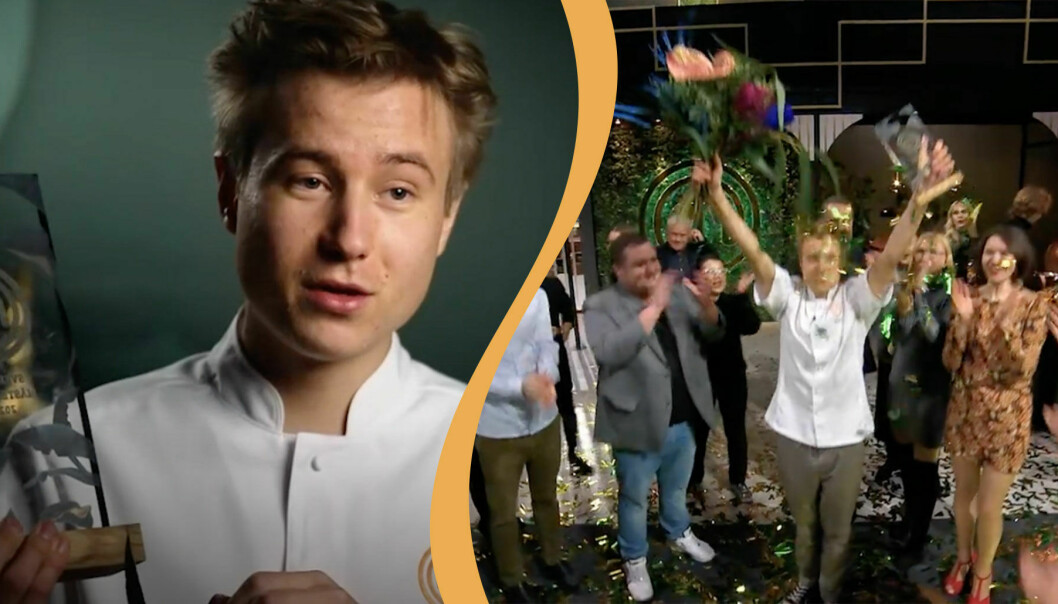 Delad bild. Till vänster Adam Thulin som håller i glasstatyetten som vinnare av Sveriges mästerkock. Till höger Adam som jublar och sträcker händerna i luften efter att han fått veta att han vinner programmet.