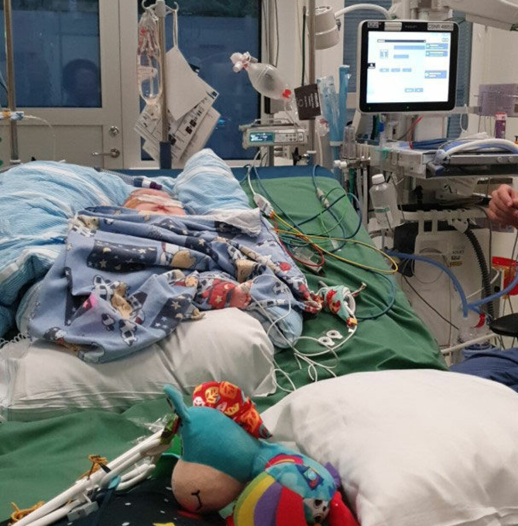 Bland slangar, maskiner och leksaker – här sov Walder under natten inför transplantationen. Walder Johansson i en sjukhussäng på Huddinge sjukhus.