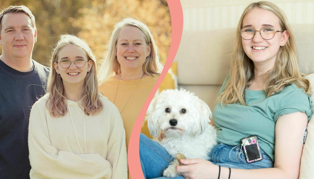 Delad bild. Till vänster syns Björn, Wilma och Maria Albertsson i Malung. Till höger syns Wilma tillsammans med familjens hund Towa.