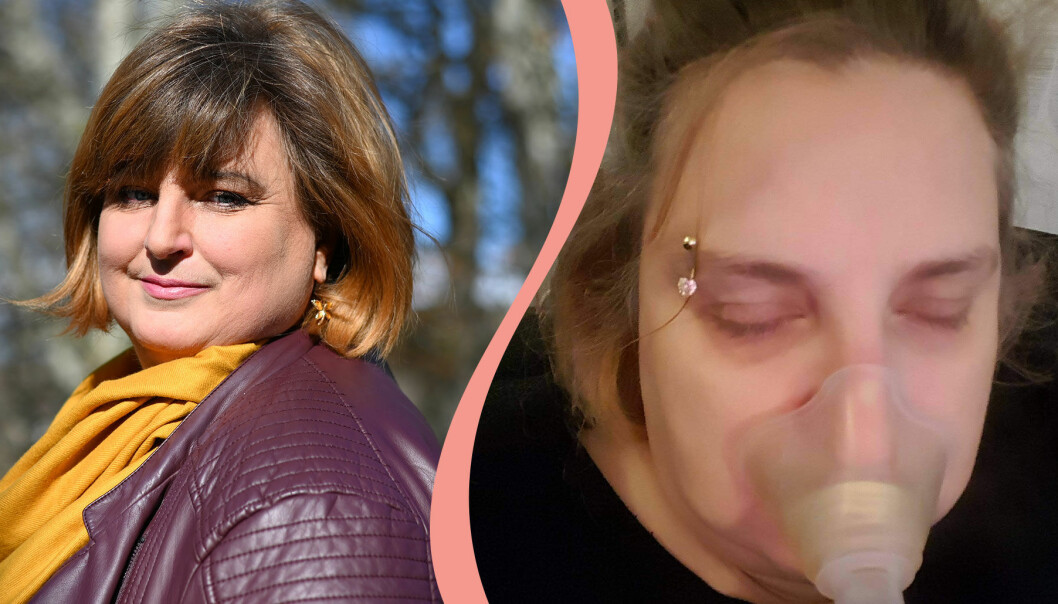 Delad bild. Till vänster syns Yvette Lissman som är långtidssjuk i covid-19. Till höger syns hon andas i en maskin när hon var som sjukast.